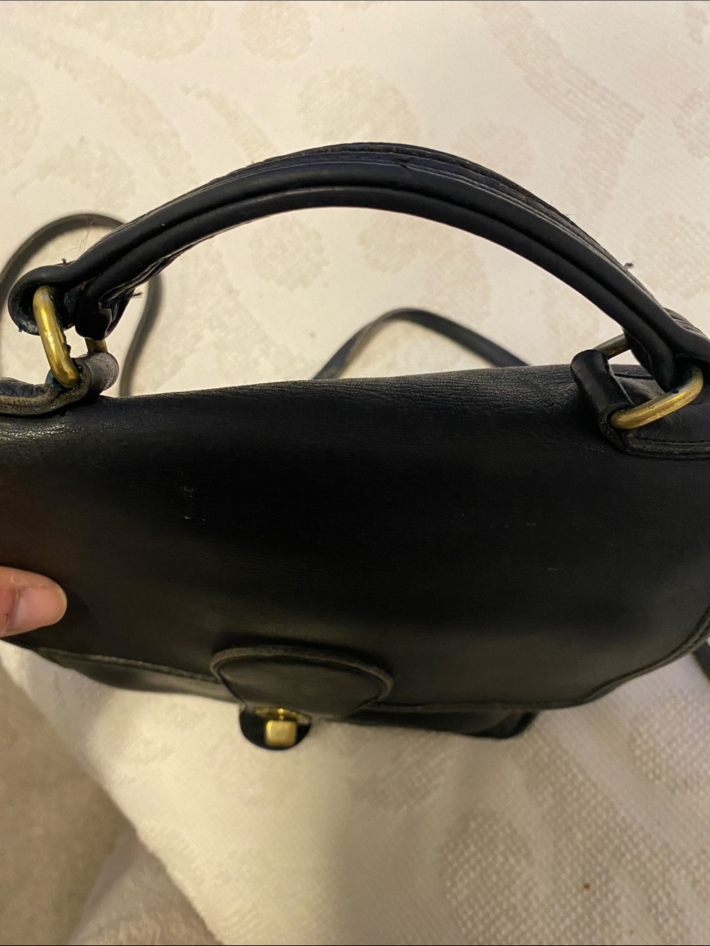 Coach Black Leather Messenger Bag with Gold-Tone Turn Lock, has some wear. - Picture 13 of 14
